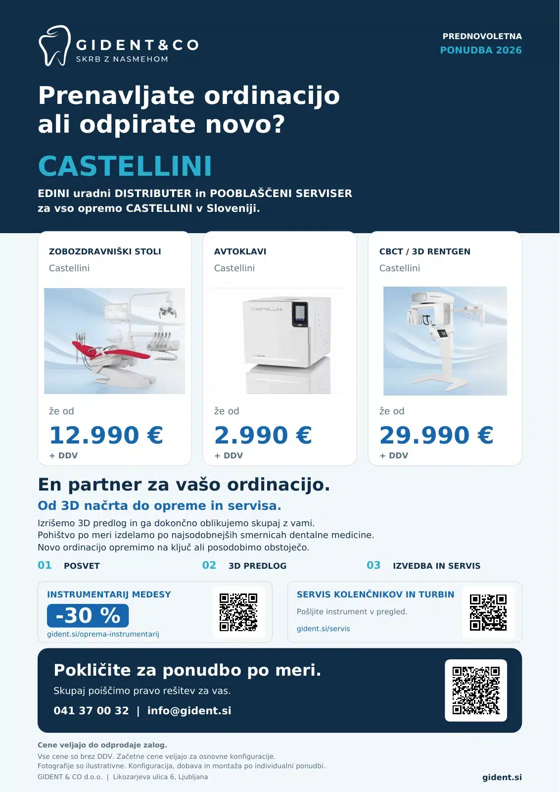 Prva stran letaka: oprema Castellini, načrtovanje ordinacije, Medesy in servis